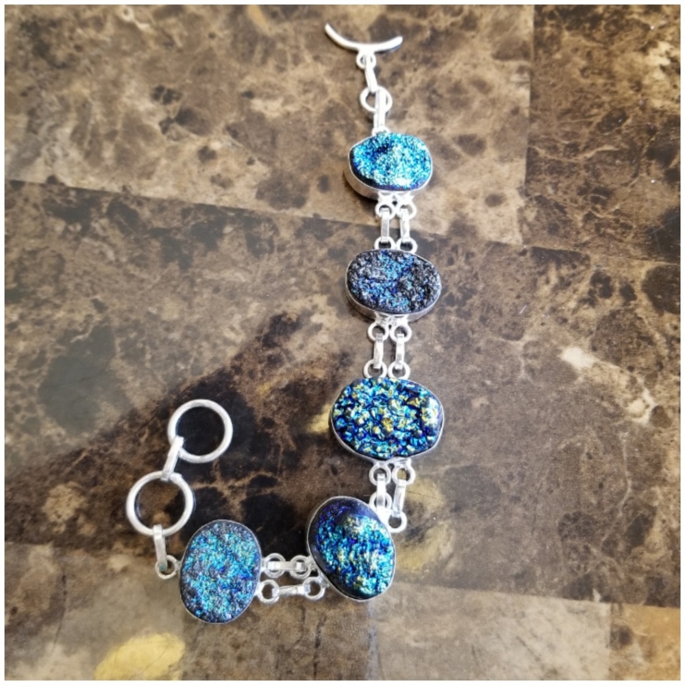 Genuine Blue Titanium Druzy Bracelet 8"